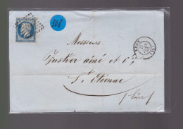 Un  Timbre  Napoléon III N° 14     20 C Bleu  Lettre Cachet  Lyon       1855    Destination  St- Etienne - 1853-1860 Napoleone III