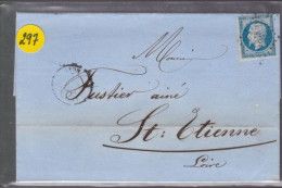 Un  Timbre  Napoléon III N° 14     20 C Bleu  Lettre Lyon         1859    Destination   St -Etienne - 1853-1860 Napoléon III.