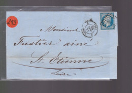 Un  Timbre  Napoléon III N° 14     20 C Bleu  Lettre Lyon         1859    Destination   St -Etienne - 1853-1860 Napoléon III