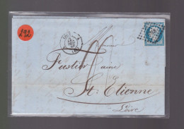 Un  Timbre  Napoléon III N° 14     20 C Bleu  Lettre Lyon         1859    Destination   St -Etienne - 1853-1860 Napoléon III