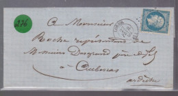 Un  Timbre  Napoléon III N° 14     20 C Bleu  Lettre  Cachet  Loriol 1860    Destination   Aubenas  Ardèche - 1853-1860 Napoléon III