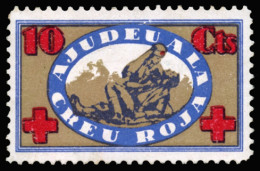 Ajudeu A La Creu Roja. 10 Cts. Color Rojo, Azul  Castaño. Allepuz Nº 2229. Rara. - Spanish Civil War Labels