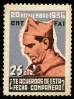 CNT FAI. Durruti. 25 Cts. Color Azul, Negro Y Rosa-oscuro. Allepuz Nº 1893. Rara. - Spanish Civil War Labels