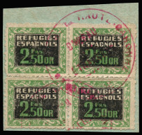 Delcampe - Francia. Refugees Espagnols. 2,5 Fr. Bloque De 4 Con Marca "Bureau Etranger Haute Garone". Rara. - Viñetas De La Guerra Civil