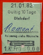 21/01/82 , DIELSDORF - ROMONT , TICKET DE FERROCARRIL , TREN , TRAIN , RAILWAYS - Europa