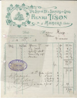 72, Mamers, Vins, Eaux De Vie & Liqueurs En Gros, Henri Tison. Facture N°2,  1913. - 1900 – 1949