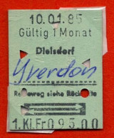 10/01/85 , DIELSDORF - YVERDON , TICKET DE FERROCARRIL , TREN , TRAIN , RAILWAYS - Europe