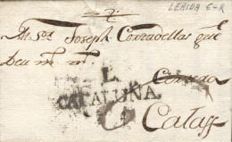 D.P. 5. 1796 (20 MAR). Carta De Corbins A Calaf. Marca Parecida A La Nº 7N De Lleida Pero Con Otra Tipografía (no Catalo - ...-1850 Vorphilatelie