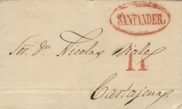 D.P. 9. 1841. Carta De Santander A Cartagena. Nítida Marca "SANTANDER." En óvalo Color Rojo, Nº 13R. Al Lado Porteo "11" - ...-1850 Prefilatelia