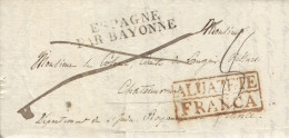 D.P. 18. 1823. Carta De Albacete A Francia. Nítida Marca De Franquicia "ALUAZETE/FRANCA" En Recuadro Rojo Nº 7 R. De Alb - ...-1850 Préphilatélie