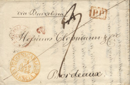 D.P. 19. 1844. Carta De Benicarló A Burdeos (Francia), Vía Barcelona. Nítido Fechador Amarillo "BENICARLÓ /VALENCIA /31/ - ...-1850 Prephilately