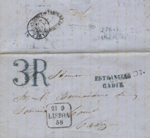 1858. Carta De Marina Grande A Cádiz. Marca "PAGOU DE FRANQUIA", Fechador Lisboa, Estrangero Cádiz En Azul Y Fechador De - Brieven En Documenten