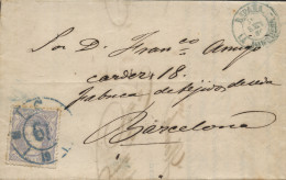 Ø 107 En Carta De La Junquera A Barcelona, El 21/9/1870. Mat. R.C. 61 En Azul. Preciosa. - Covers & Documents