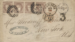 Ø 109 (tira De 4) En Carta De Cádiz A Nueva York, El Año 1870. Doble Porte. Tasada A La Llegada. Rara. - Storia Postale