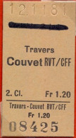 12/11/81 , TRAVERS - COUVET , TICKET DE FERROCARRIL , TREN , TRAIN , RAILWAYS - Europa