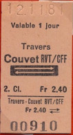 12/11/81 , TRAVERS - COUVET , TICKET DE FERROCARRIL , TREN , TRAIN , RAILWAYS - Europa