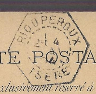 CP Des Papeteries De Rioupéroux (38) Cachet Du 4 Mai 1894, Bureau Des Recettes Auxilliares Sur Sage 10 C. Noir (A17p19) - 1877-1920: Semi-Moderne