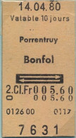 14/04/80 , PORRENTRUY - BONFOL  , TICKET DE FERROCARRIL , TREN , TRAIN , RAILWAYS - Europe