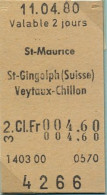 11/04/80 , ST- MAURICE , ST. - GINGOLPH , VEYTAUX - CHILLON  , TICKET DE FERROCARRIL , TREN , TRAIN , RAILWAYS - Europa