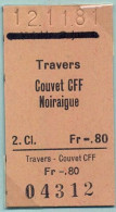 12/11/81 , TRAVERS , COUVET , NOIRAIGUE , TICKET DE FERROCARRIL , TREN , TRAIN , RAILWAYS - Europa