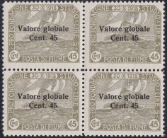 Fiume, Valore Globale, 45 Cent, Fat, Narrow Letters, Modificated Overprint, Sass. No.112, MNH Block Of Four, Certificate - Fiume