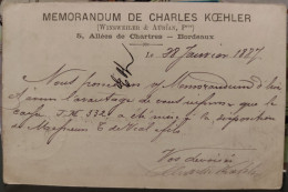 33 / BORDEAUX CPA 1887 RARE CARTE MEMORANDUM DE CHARLES KOEHLER / 5 ALLEES DE CHARTRES - Altri & Non Classificati