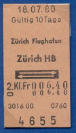 18/07/80 , ZÜRICH FLUGHAFEN - ZÜRICH , TICKET DE FERROCARRIL , TREN , TRAIN , RAILWAYS - Europa