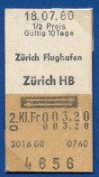 18/07/80 , ZÜRICH FLUGHAFEN - ZÜRICH , TICKET DE FERROCARRIL , TREN , TRAIN , RAILWAYS - Europe