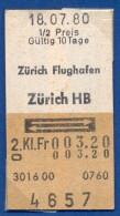 18/07/80 , ZÜRICH FLUGHAFEN - ZÜRICH , TICKET DE FERROCARRIL , TREN , TRAIN , RAILWAYS - Europe