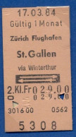 17/03/84 , ZÜRICH FLUGHAFEN - ST. GALLEN VIA WINTERTHUR , TICKET DE FERROCARRIL , TREN , TRAIN , RAILWAYS - Europa