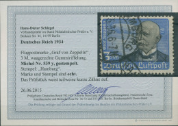 Deutsches Reich 1934 Flugpostmarke Zeppelin 539 Y Gestempelt Geprüft Befund - Gebraucht