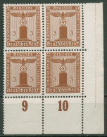 Dt. Reich Dienst 1942/44 Wg. Gummiriff. D 156 Y P UR 4er-Block Ecke 4 Postfrisch - Service