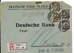 6.11.1923 Registered Infla Letter Deutsche Bank (sticker On Backside) Stettin (2,4 Milliarden Tariff) - Covers & Documents
