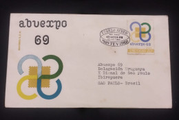 D)1969, URUGUAY, LETTER SENT TO BRAZIL, AIR MAIL, WITH PHILATELIC EXHIBITION STAMP "ABUEXPO 69", SAO PAULO, BRAZIL, XF - Uruguay