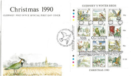 Guernsey 1990 Christmas - Winter Birds, Mi 501-512 In Minisheet, FDC - Guernsey