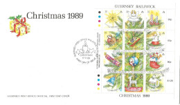 Guernsey 1989 Christmas - Decorations For Christmas Trees, Mi 470-481 In Minisheet, FDC - Guernsey