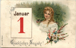 Glückliches Neujahr - 1. Januar - Prägekarte - Nouvel An