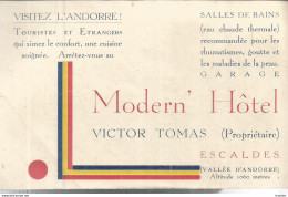 AS / Ancienne CARTE De VISITE Publicitaire PUB CDV MODERN HOTEL ESCALDES Vallée D'ANDORRE VICTOR TOMAS - Cartes De Visite