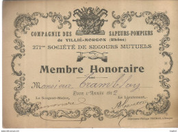 AS / RARE Ancienne Carte SAPEURS POMPIERS VILLIE-MORGON Membre Honoraire 1912 BSPP POMPIER - Cartoncini Da Visita