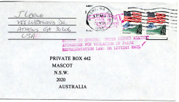 77836 - USA - 1990 - 2@25¢ Yosemite A Bf ATHENS, GA -> Australien, M US-Stpl "Zurueck - ... Wg Illegaler Lotterie" - Covers & Documents