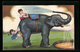 Künstler-AK Margret Boriss: Kinderpaar Auf Einem Elefanten Am Brunnen  - Elefanti
