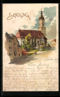 Lithographie München-Sendling, Ortspartie Mit Kirche  - Muenchen