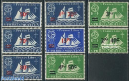 Saint Pierre And Miquelon 1945 Overprints 8v, Mint NH, Transport - Ships And Boats - Barcos