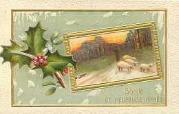 Carte Gaufrée - Bonne Année - Paysage Moutons Houx    Q 2571 - Año Nuevo