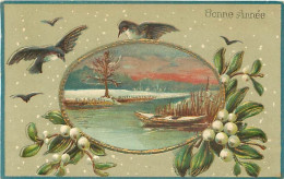 Carte Gaufrée - Bonne Année - Paysage Oiseaux Gui    Q 2571 - Nouvel An