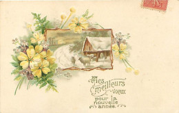 Carte Gaufrée - Bonne Année - Paysage Moutons Fleurs     Q 2571 - Nieuwjaar