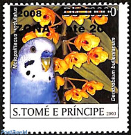 Sao Tome/Principe 2008 Melopsittacus Undulatus, Parakeet, Overprint, Mint NH, Nature - Birds - Flowers & Plants - Sao Tome And Principe