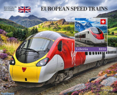 Liberia 2022 European Speed Trains, Mint NH, History - Sport - Transport - Flags - Mountains & Mountain Climbing - Rai.. - Climbing