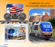 Guinea Bissau 2022 American Speed  Trains, Mint NH, History - Nature - Transport - Flags - Birds Of Prey - Railways - Eisenbahnen