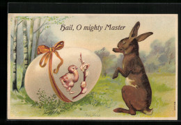AK Osterhase Schaut Auf Ein Grosses Osterei Mit Küken Darauf  - Easter